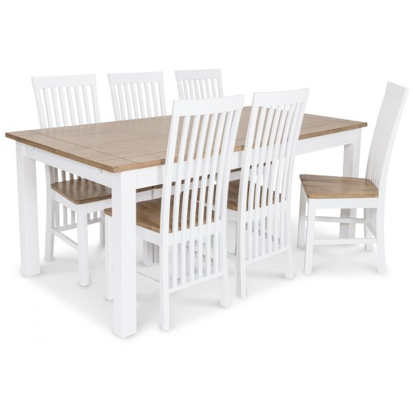 Skagen matgrupp - 180 cm Bord inklusive 6 st Herrgrd Vind stolar med sits i ekbets - Vit/Ekbets