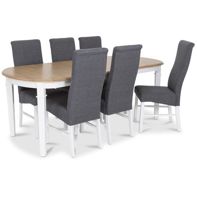 Ramns matgrupp - Bord inklusive 6 st Isabelle stolar i gr kldsel - Vit/ekbets
