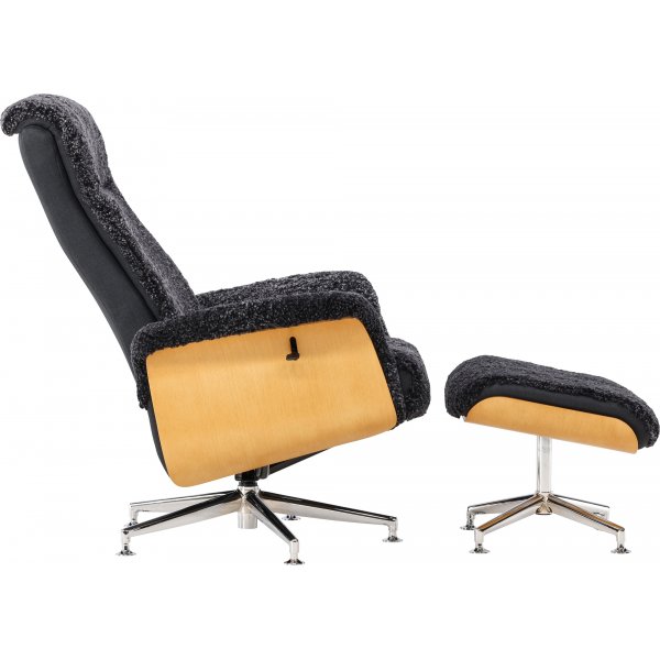 Ulla f�t�lj med fotpall i ek - M�rkgr� f�rskinn + Textilreng�ring f�r m�bler