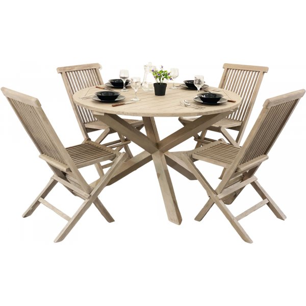 Salt utematgrupp runt 120 cm bord med 4 st matstolar - Gr teak + Trolja fr mbler