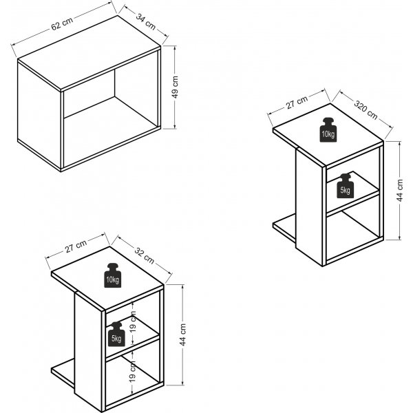 Bizayni satsbord 62x34 | 27x32 | 27x32 cm - Vit/ek