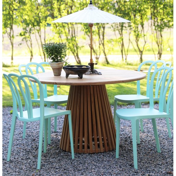 Matgrupp Saltö teak: Teakbord runt 120 cm inklusive 4 st Bally stolar Matgrupp Saltö teak: Teakbord runt 120 cm inklusive 4 st Bally stolar