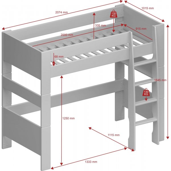Voor kinderen hoogslaper 90 x 200 cm - Grijs