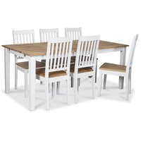 Österlen matgrupp, Klassiskt 180 cm matbord i vit/ek med 6 st Simris matstolar med eksits Österlen matgrupp, Klassiskt 180 cm matbord i vit/ek med 6 st Simris matstolar med eksits