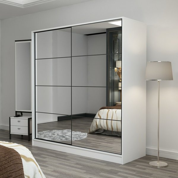Armoire Kapusta avec portes miroir, 220x52x210 cm - Blanc