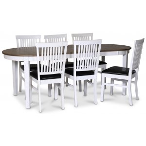 Skagen matgrupp; matbord 160/210x90 cm - Vit / brunoljad ek med 6 st Fr stolar med svart PU-sits