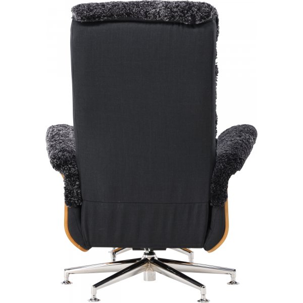 Ulla f�t�lj med fotpall i ek - M�rkgr� f�rskinn + Textilreng�ring f�r m�bler