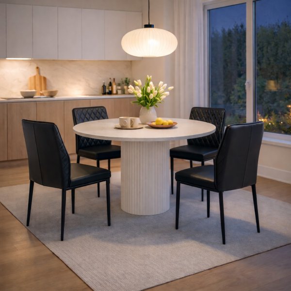 Matgrupp Sand� matbord �120cm i vit terazzo med 4st Inez matstol i svart konstl�der