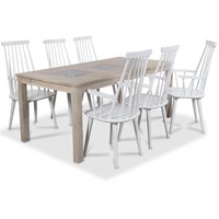 Jasmine matgrupp med bord i whitewash och 6 st vita Dalsland pinnstolar med armstöd Jasmine matgrupp med bord i whitewash och 6 st vita Dalsland pinnstolar med armstöd