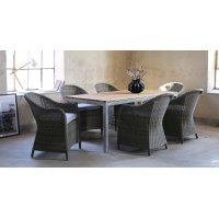 Matgrupp Alva: Matbord i teak/ Galvaniserat stål med 6 st Mercury fåtöljer i grå konstrotting Matgrupp Alva: Matbord i teak/ Galvaniserat stål med 6 st Mercury fåtöljer i grå konstrotting