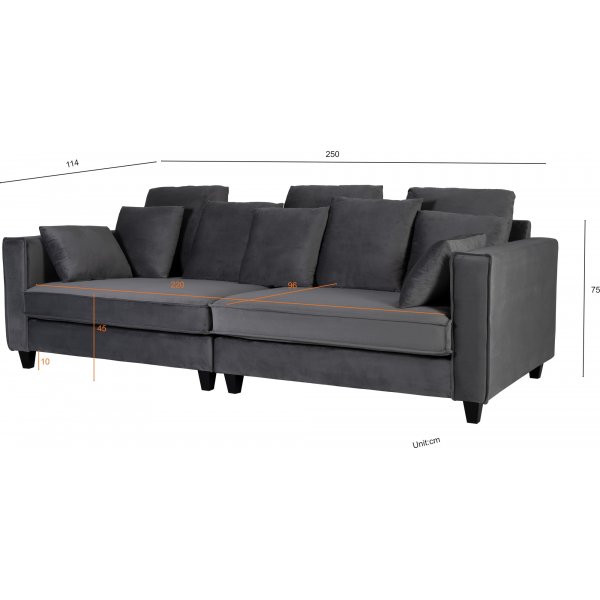 Soffa 250 cm bred mörkgrå sammet 114 cm djup Soffa 250 cm bred mörkgrå sammet 114 cm djup