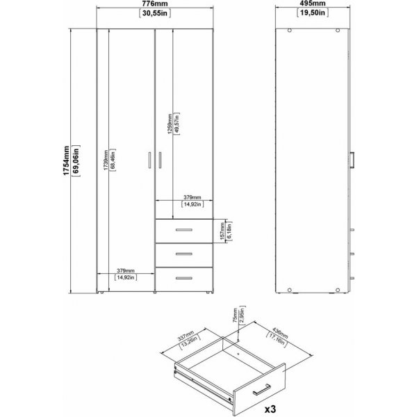 Armoire Space avec 2 portes et 3 tiroirs - Blanc Armoire Space avec 2 portes et 3 tiroirs - Blanc
