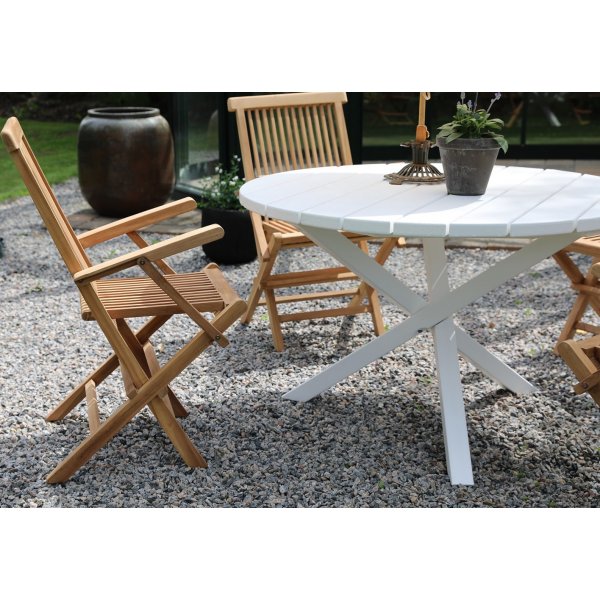 Scottsdale utematgrupp runt bord med 4 st Saltö karmstolar - Teak/Vit + Träolja för möbler Scottsdale utematgrupp runt bord med 4 st Saltö karmstolar - Teak/Vit + Träolja för möbler