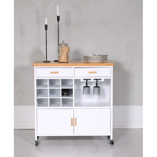 Levend wit keukeneiland met wijnrek en eiken blad + Meubelpoten Levend wit keukeneiland met wijnrek en eiken blad + Meubelpoten