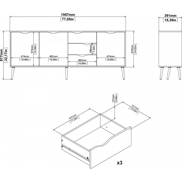 Oslo sk�nk med 3 sk�p och 3 l�dor - Svart/ek