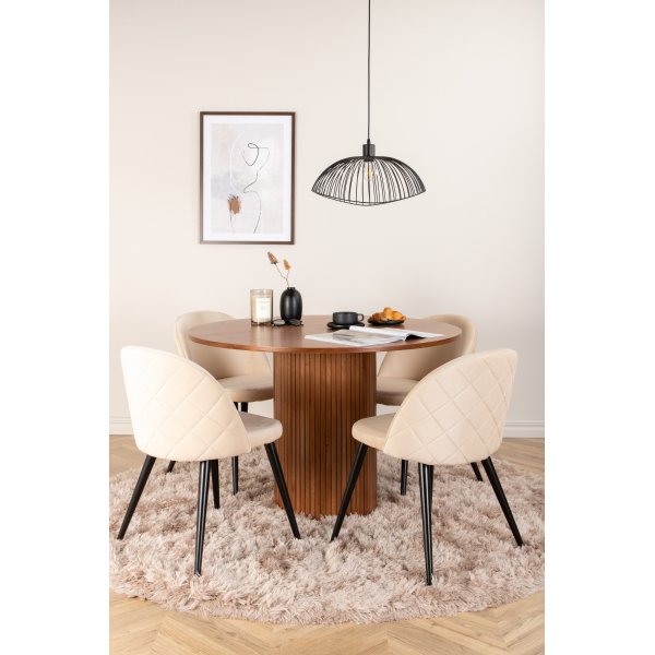 Bianca Matgrupp runt valnt matbord med 4 st Velvet beige stolar