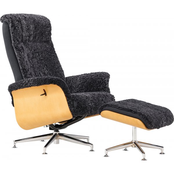 Ulla f�t�lj med fotpall i ek - M�rkgr� f�rskinn + Textilreng�ring f�r m�bler