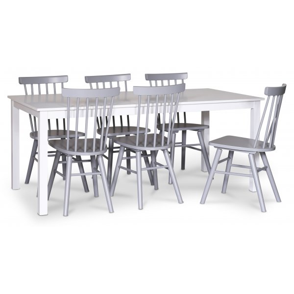 Orust matgrupp; matbord 180x90 cm med 6 st gra Orust pinnstolar