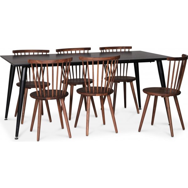 Dipp matgrupp; matbord 180x90 cm med 6 st Castor pinnstolar i valnt