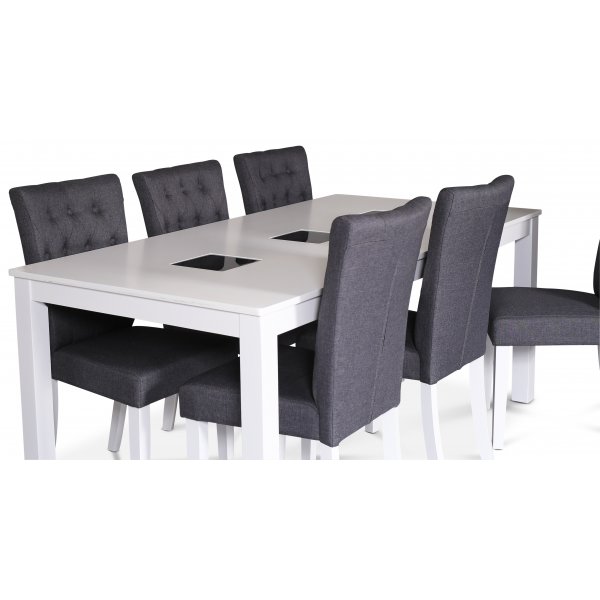 Milla matgrupp; matbord 180x90 cm med 6 st gråa Crocket matstolar Milla matgrupp; matbord 180x90 cm med 6 st gråa Crocket matstolar