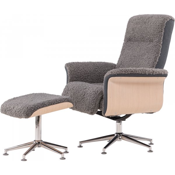 Reclinerfåtölj med fotpall - Grå fårskinnsimitation/whitewash ek + Fläckborttagare för möbler Reclinerfåtölj med fotpall - Grå fårskinnsimitation/whitewash ek + Fläckborttagare för möbler