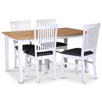 Fårö matgrupp; matbord 140x90 cm - Vit / oljad ek med 4 st Fårö matstolar med ribbor i ryggen, sits i grått tyg Fårö matgrupp; matbord 140x90 cm - Vit / oljad ek med 4 st Fårö matstolar med ribbor i ryggen, sits i grått tyg