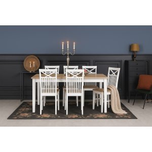 Matgrupp Annika 180 cm bord med 6 st stolar med eksits och kryssrygg – Vit / Oljad ek Matgrupp Annika 180 cm bord med 6 st stolar med eksits och kryssrygg – Vit / Oljad ek