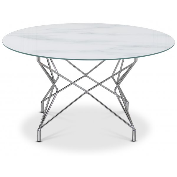 Soffbord Star 90 cm - Vitt marmorerat glas / Kromat underrede
