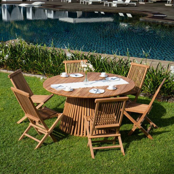 Salt utematgrupp runt 150 cm bord med 6 st matstolar - Teak + Trolja fr mbler