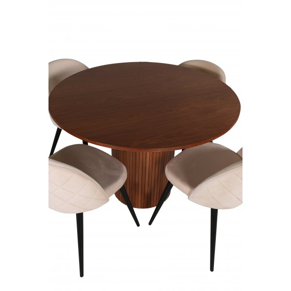 Bianca Matgrupp runt valnt matbord med 4 st Velvet beige stolar