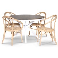 Skagen matgrupp; runt matbord 120 cm - Vit / brunbetsad ek med 4 st Danderyd No.30 stolar Whitewash Skagen matgrupp; runt matbord 120 cm - Vit / brunbetsad ek med 4 st Danderyd No.30 stolar Whitewash