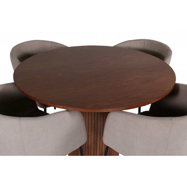 Bianca Matgrupp runt valnt matbord med 4 st Berit beige polyesterlinne stolar