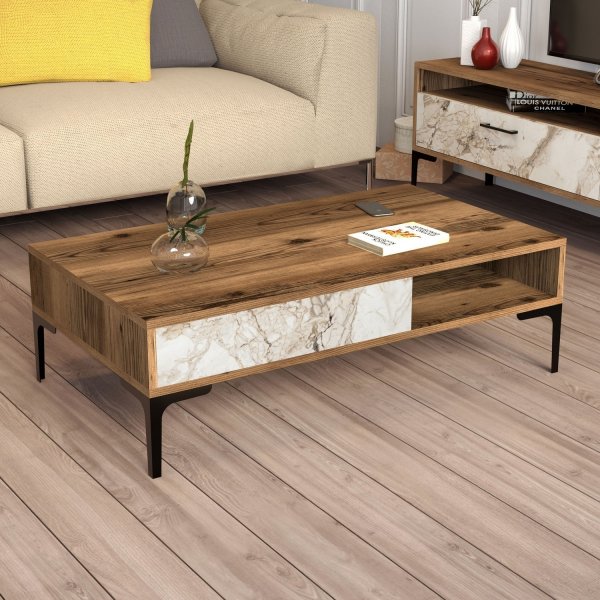 Table basse Istanbul 105 x 60 cm - Noyer/marbre blanc
