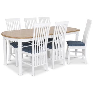 Ramnäs matgrupp - Bord inklusive 6 st Herrgård Vindö stolar med blå sits - Vit/ekbets Ramnäs matgrupp - Bord inklusive 6 st Herrgård Vindö stolar med blå sits - Vit/ekbets