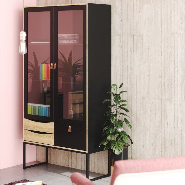 Stoppelvitrinekast - Zwart/eiken Stoppelvitrinekast - Zwart/eiken