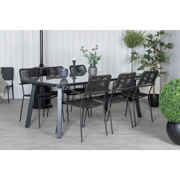 Paola utematgrupp med 6 st Lindos karmstolar - Svart Paola utematgrupp med 6 st Lindos karmstolar - Svart