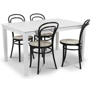 Table de groupe 140 cm Mellby avec 4 chaises noires Thonet No14 - Blanc / Noir