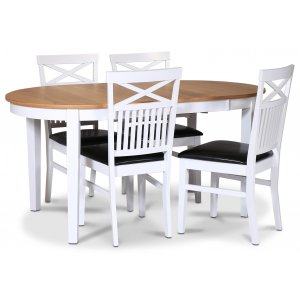 Groupe alimentaire Fr; table  manger 160/210x90 cm - Chne blanc / huil avec 4 chaises Fr croises dans le dossier et assi