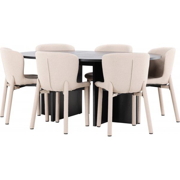 Matbord Strada med 6 st Astoria stolar - Beige/svart + 6.00 x Stolsdyna