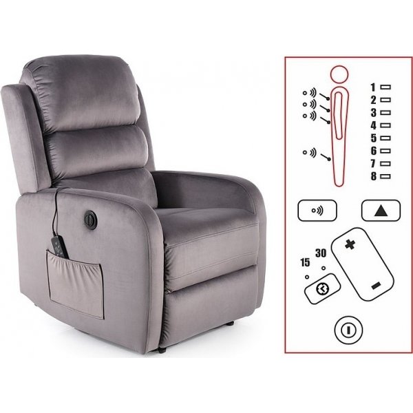 Pegaz reclinerfåtölj med massagefunktion - Grå sammet Pegaz reclinerfåtölj med massagefunktion - Grå sammet