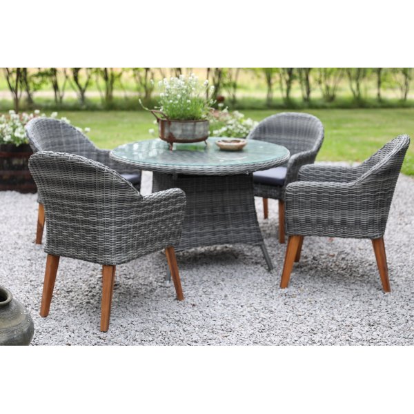 Jacksonville utematgrupp; 110 cm runt bord inkl 4 st Valetta fåtöljer grå konstrotting Jacksonville utematgrupp; 110 cm runt bord inkl 4 st Valetta fåtöljer grå konstrotting