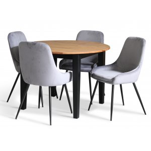 Dalsland matgrupp: Runt bord i Ek / Svart med 4 st gra Theo stolar