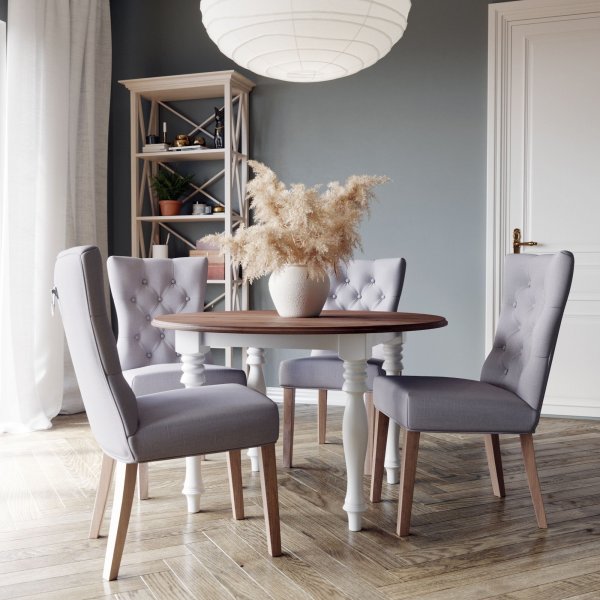 Victoria runt vitt matbord 120 cm med brunbetsad toppskiva + Textilskydd fr mbler