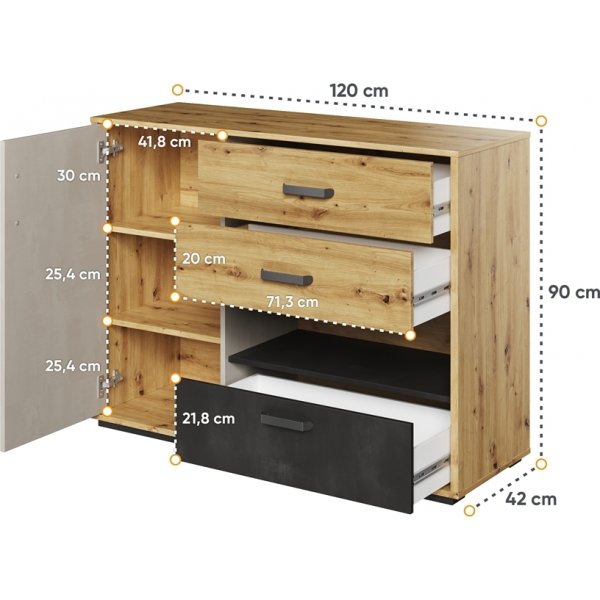 Commode Qubic - Chêne artisanal/gris/noir Commode Qubic - Chêne artisanal/gris/noir