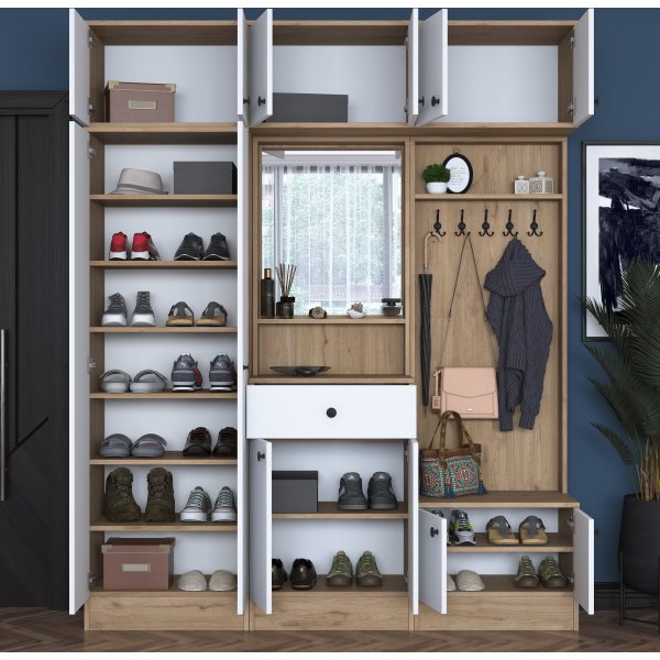 Meuble d\\\'entrée Mendy 180 cm avec meuble haut - Blanc/noyer Meuble d\\\'entrée Mendy 180 cm avec meuble haut - Blanc/noyer