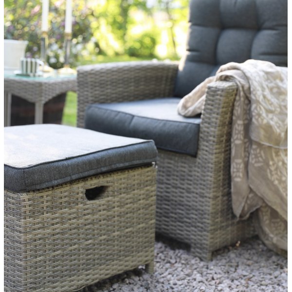 Orlando loungeset, ställbara fåtöljer med fotpallar & sidobord i rotting + Möbeltassar Orlando loungeset, ställbara fåtöljer med fotpallar & sidobord i rotting + Möbeltassar