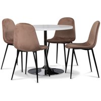 Tiana matgrupp, runt matbord med 4 st Carisma sammetsstolar - Vit/Korall Tiana matgrupp, runt matbord med 4 st Carisma sammetsstolar - Vit/Korall
