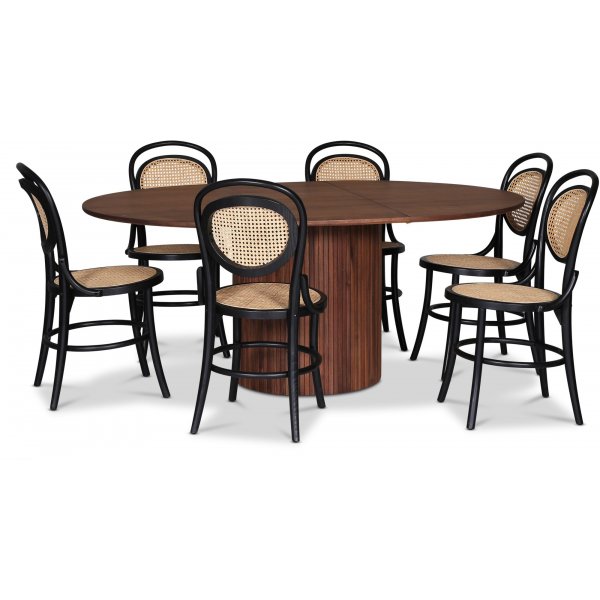 Nova eetgroep, uitschuifbare eettafel 130-170 cm incl. 6 zwarte Alicia stoelen van buighout - Walnoot + 3.00 x Meubelpoten