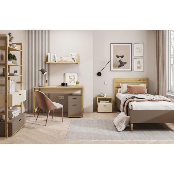 Lenny bedframe 90 x 200 cm - Ambachtelijk eiken/beige/truffel