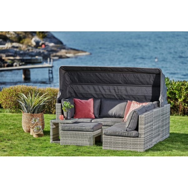 Slättvik byggbar loungegrupp med soltak - Grå konstrotting Slättvik byggbar loungegrupp med soltak - Grå konstrotting